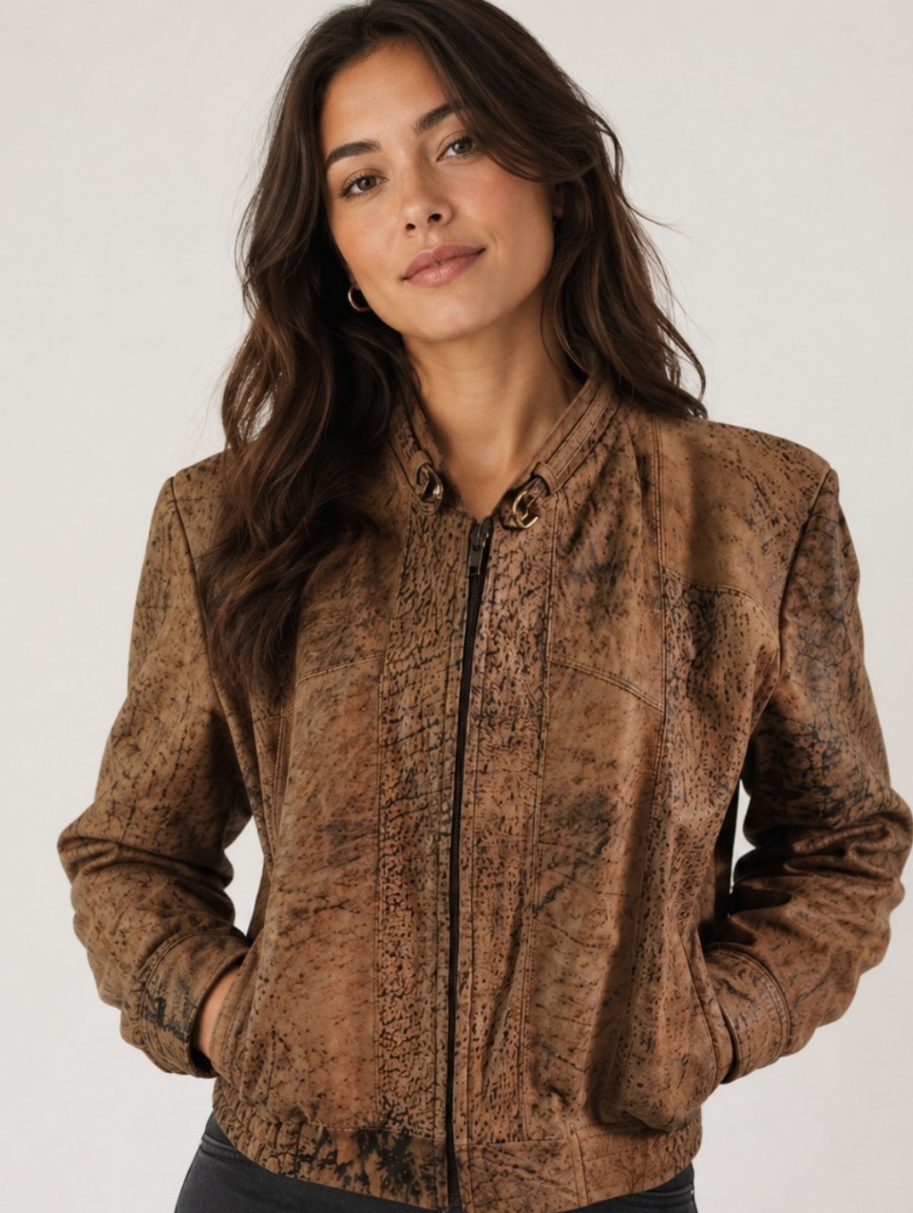 Rene's Bugle Boys Leather Brown Black Women's Biker Jacket. M/L.
